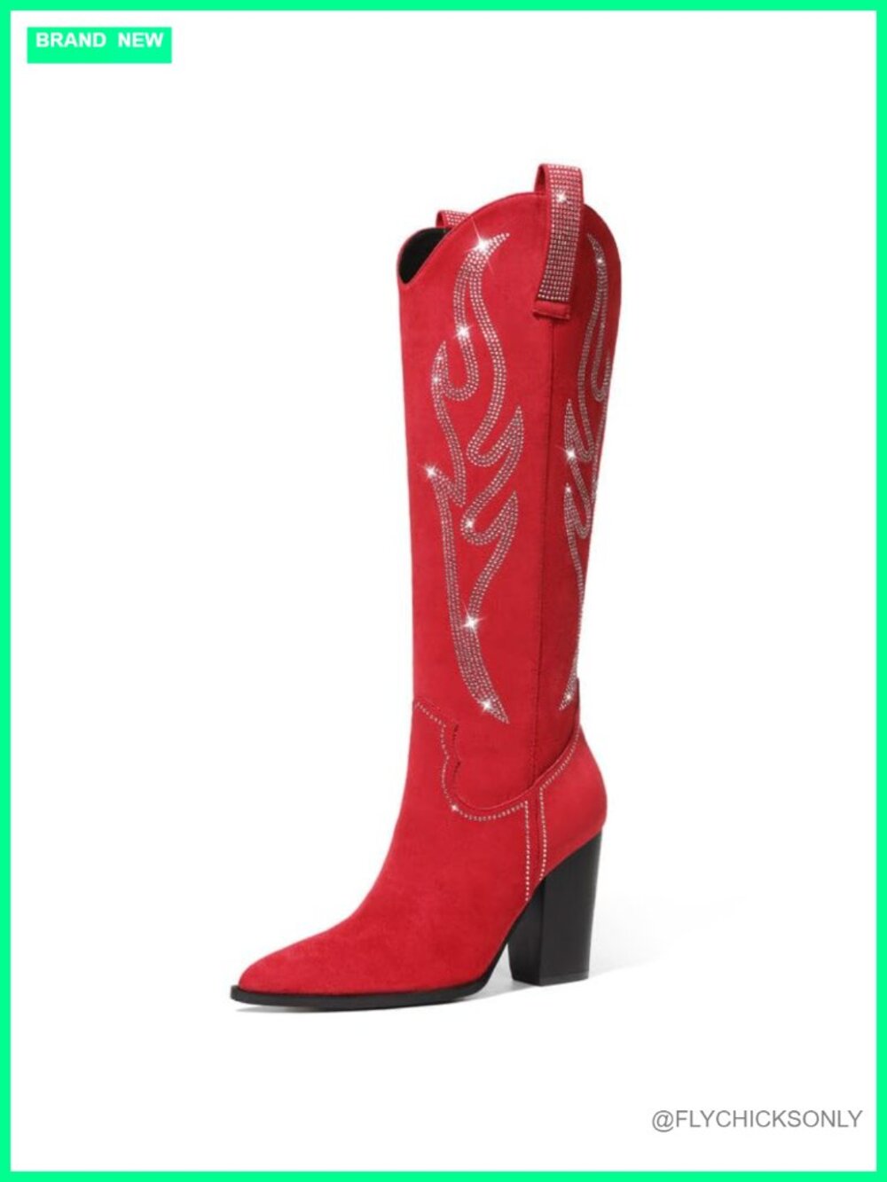 Embroidered Rhinestone Cowboy Boots Pointed Toe Knee High Western Boots